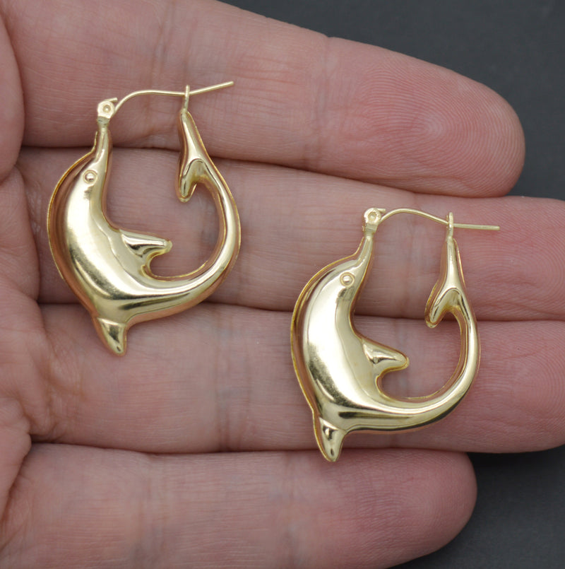 Real 10K Solid Yellow Gold 31mm Puffy Happy Dolphin Shape Hoop Earrings 2.6gr