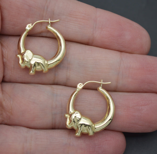 Real 10K Solid Yellow Gold 22mm Shiny Cute Elephant Shape Hoop Earrings 1.8gr