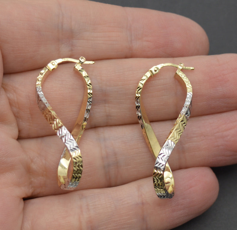 Real 14K Two-tone Solid Gold 38.2mm Shiny Infinity Twist Hoop Earrings 2.6 grams