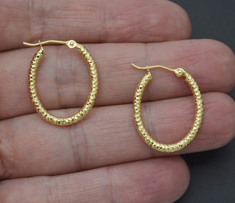 Real 14K Yellow Solid Gold 24.5mm Diamond Cut Shiny Oval Hoop Earrings 2.2 grams