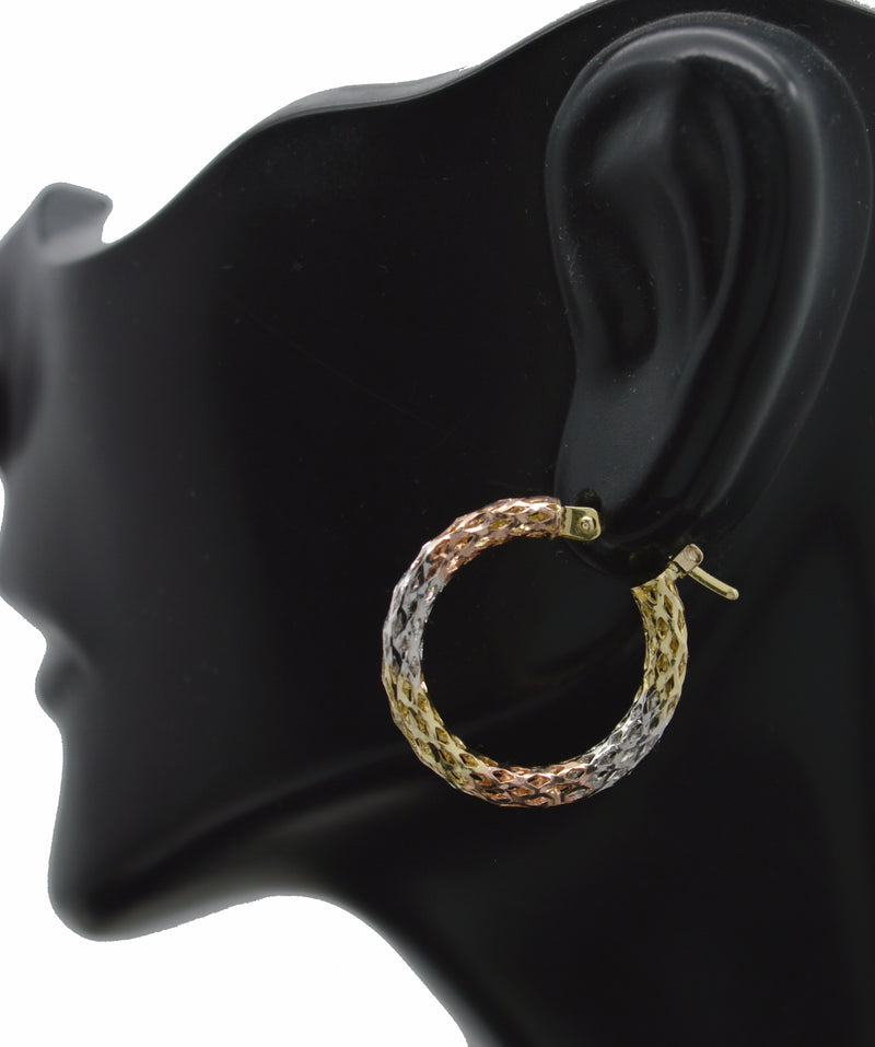 Real 14K Tri-color Solid 21.7mm Small Circle Diamond Cut Hoop Earrings 1.8 grams