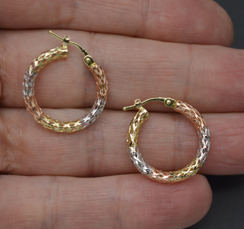 Real 14K Tri-color Solid 21.7mm Small Circle Diamond Cut Hoop Earrings 1.8 grams