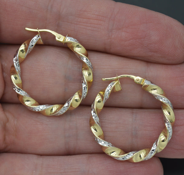 Real 14K Two-tone Solid Gold 27.8mm Circle Twist Cut Hoop Earrings 3.7 grams