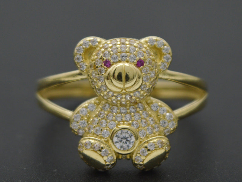 Real 10K Solid Yellow Gold Shiny CZ Teddy Bear Charm Ring 3.4gr All Sizes