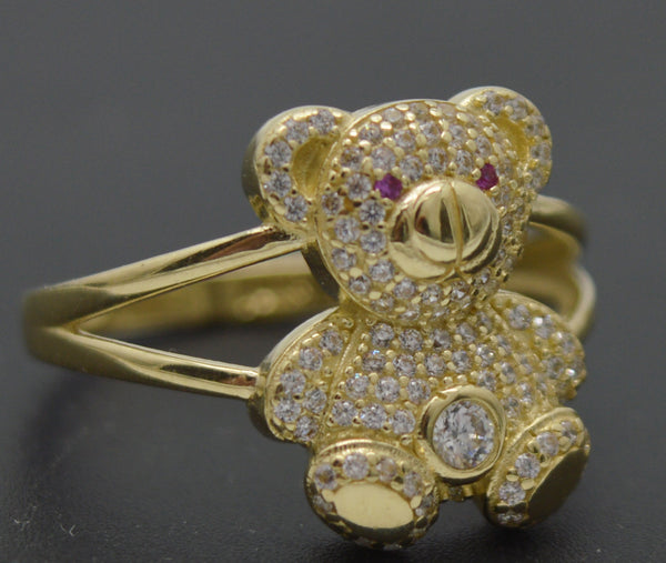 Real 10K Solid Yellow Gold Shiny CZ Teddy Bear Charm Ring 3.4gr All Sizes