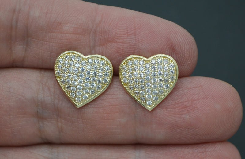 Real 10K Solid Yellow Gold 14.7mm Heart Pavé CZ Stud Earrings 3.3gr Men-Women