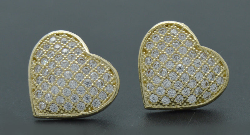 Real 10K Solid Yellow Gold 14.7mm Heart Pavé CZ Stud Earrings 3.3gr Men-Women