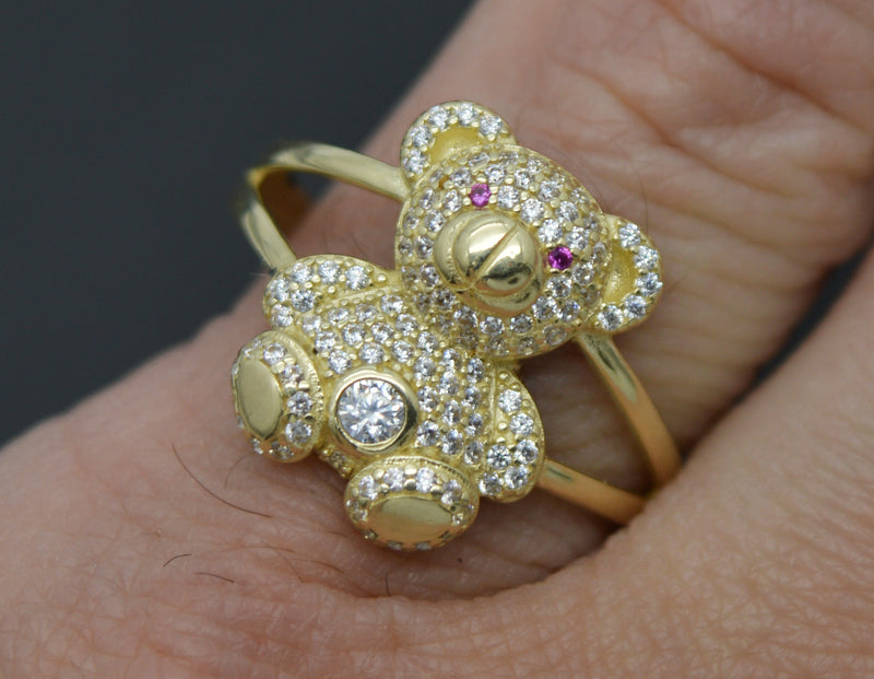 Real 10K Solid Yellow Gold Shiny CZ Teddy Bear Charm Ring 3.4gr All Sizes