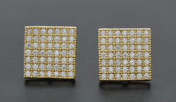Real 10K Solid Yellow Gold 10.5mm Square Pavé CZ Stud Earrings 2.8gr Men-Women