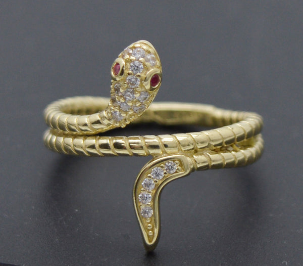 Real 10K Solid Yellow Gold Shiny CZ Snake with Pink Eyes Ring 4.2gr All Sizes