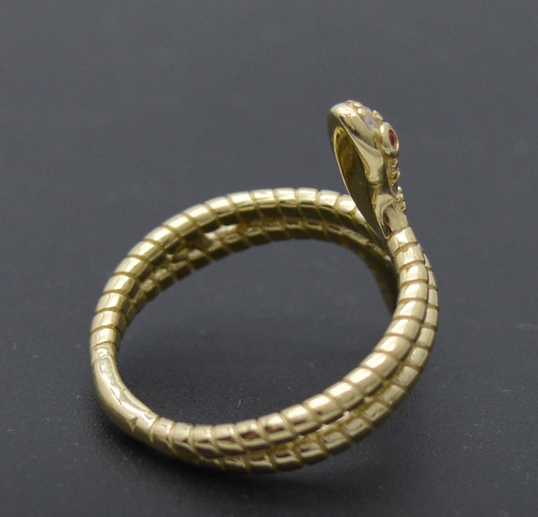 Real 10K Solid Yellow Gold Shiny CZ Snake with Pink Eyes Ring 4.2gr All Sizes