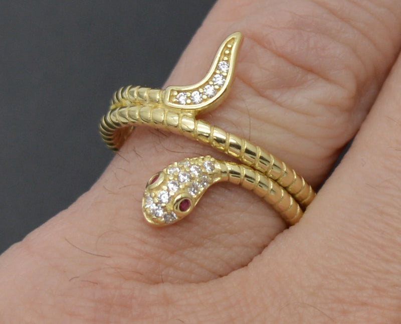 Real 10K Solid Yellow Gold Shiny CZ Snake with Pink Eyes Ring 4.2gr All Sizes