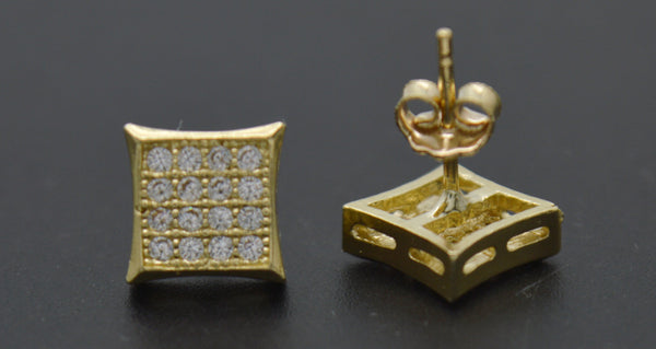 Real 10K Yellow Gold 8.4mm Concave Square Pavé CZ Stud Earrings 2.3gr Men-Women