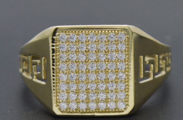 Real 10K Yellow Gold 13.4mm Greek Square Shape CZ Men's Ring 3.6gr All Sizes