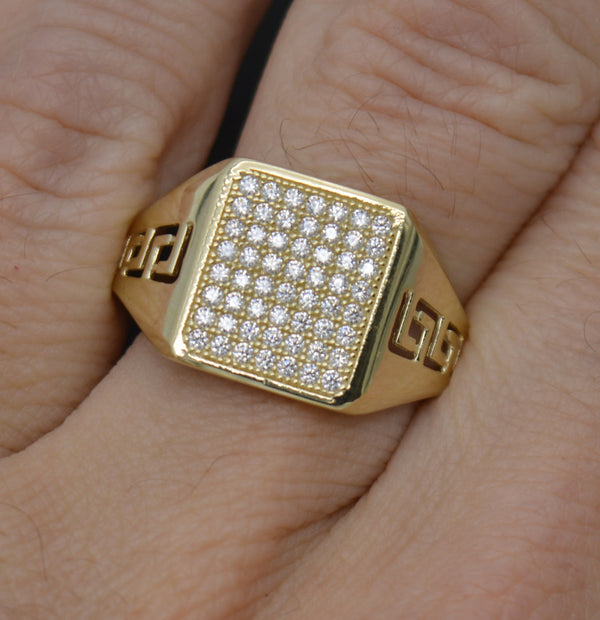 Real 10K Yellow Gold 13.4mm Greek Square Shape CZ Men's Ring 3.6gr All Sizes