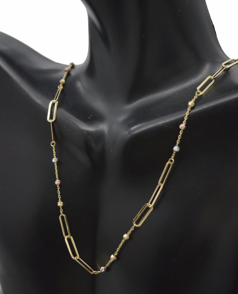 Real 14K Tri-color Gold Beads 16/18" Paperclip & Cable Chain Necklace 3.3 grams