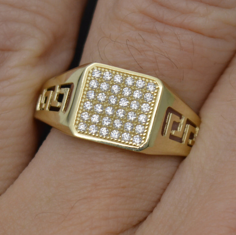 Real 10K Yellow Gold 10mm CZ Men's Greek Design Square Ring 2.6gr All Sizes