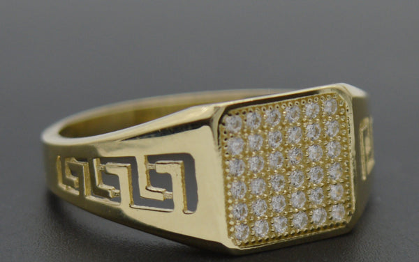 Real 10K Yellow Gold 10mm CZ Men's Greek Design Square Ring 2.6gr All Sizes