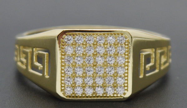 Real 10K Yellow Gold 10mm CZ Men's Greek Design Square Ring 2.6gr All Sizes