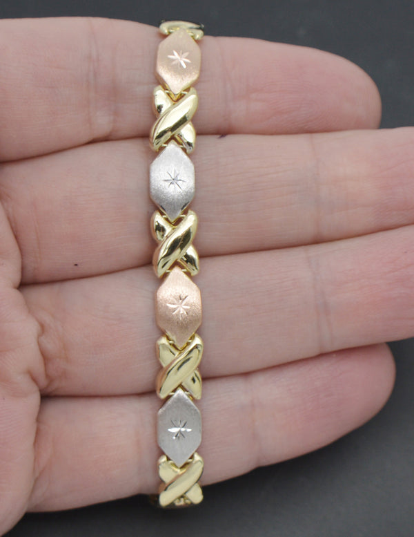 Real 10K Solid Multi-Tone Gold 7.5" XO Charm 7mm Heart & Kisses Bracelet 5.7gr.jpg