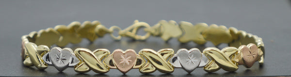 Real 10K Solid Multi-Tone Gold 7.5" XO Love Charm 7mm Heart & Kisses Bracelet.jpg