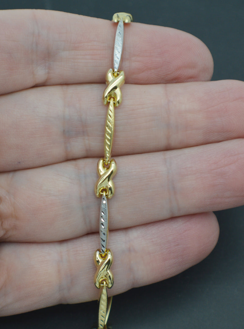 Real 10K Solid Multi-Tone Gold 7.5" Oblong Link Line "X" Charm 5mm Bracelet 3.6g.jpg