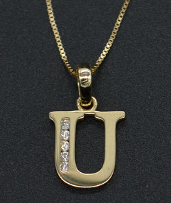 PM105 14K Yellow Solid Gold Created Diamond Initial Letter U Pendant +18" Chain