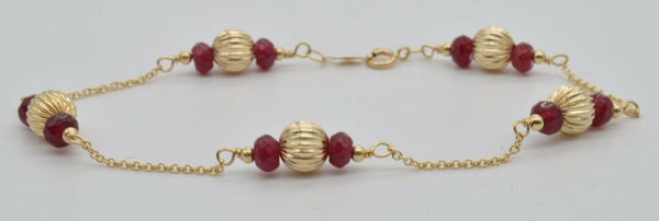 14K Solid Yellow Gold Natural Ruby & Corrugated Ball Bead Bracelet 7.5".jpg