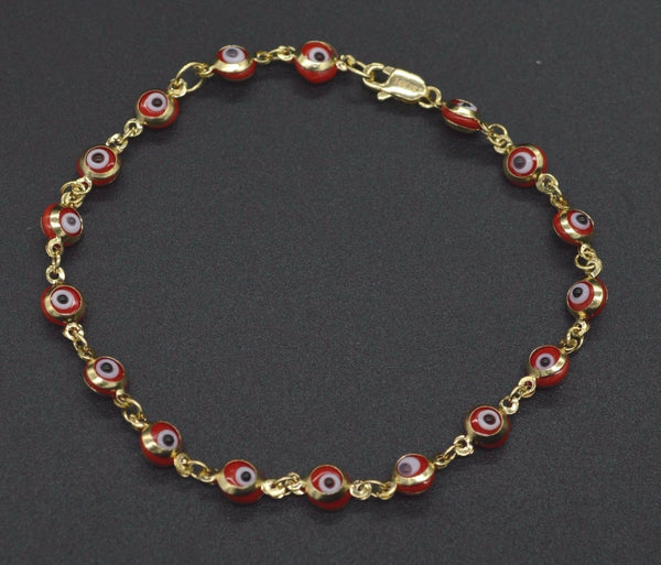 14K Yellow Solid Gold 6" Children's Red Color Evil Eye Bracelet 2.3g #ga107.jpg