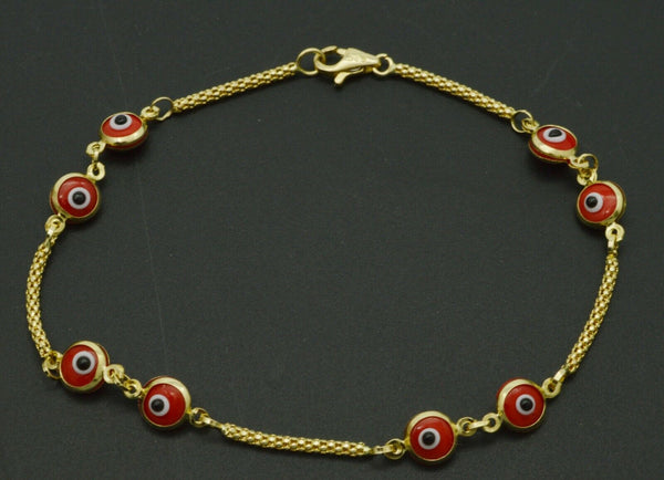 14K Yellow Solid Gold 7" Red Color Evil Eye Bracelet 2.4gr.jpg