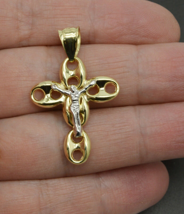 Real 10K Yellow White Gold 1.5 " 3D Puffed Mariner Jesus Crucifix Cross Pendant