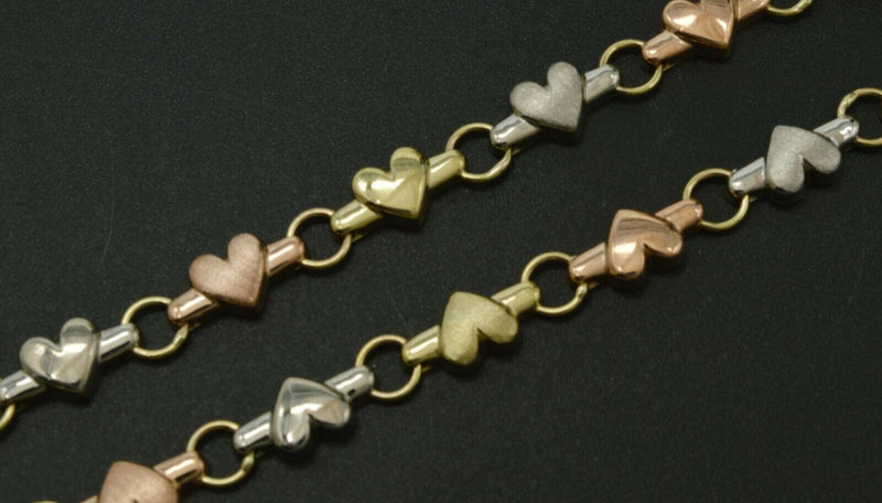 Real 10K Tri Color Gold 5.3mm Puffed Heart Link Ankle Bracelet  9'' - 10''.jpg