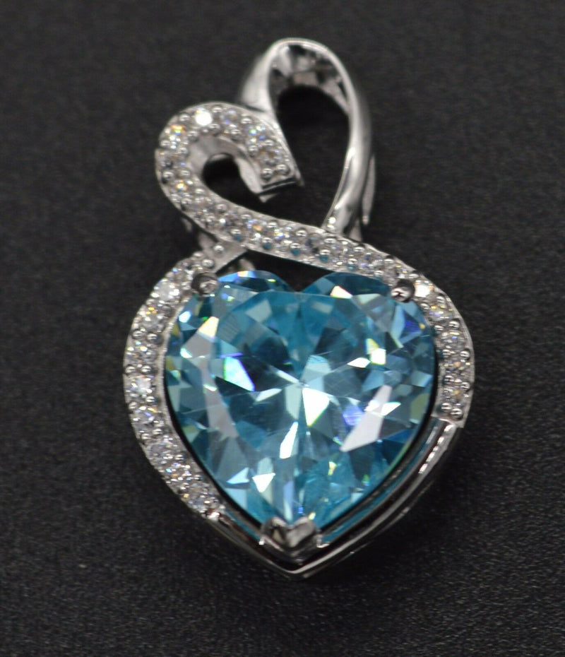 14k Soild White Gold  3.00ct Created Diamond Blue Heart Cut Pendant