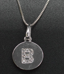 14K White Solid Gold Created Diamond Round Initial Letter B +16" Chain