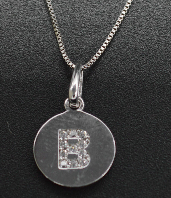 14K White Solid Gold Created Diamond Round Initial Letter B +16" Chain