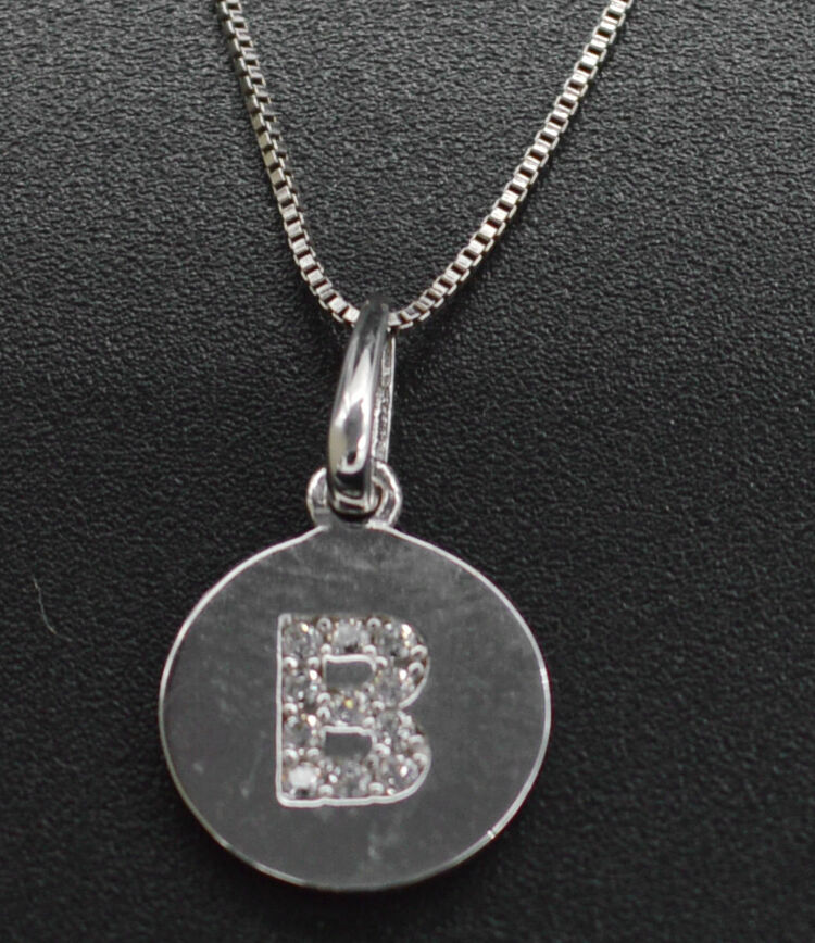 14K White Solid Gold Created Diamond Round Initial Letter B +16" Chain