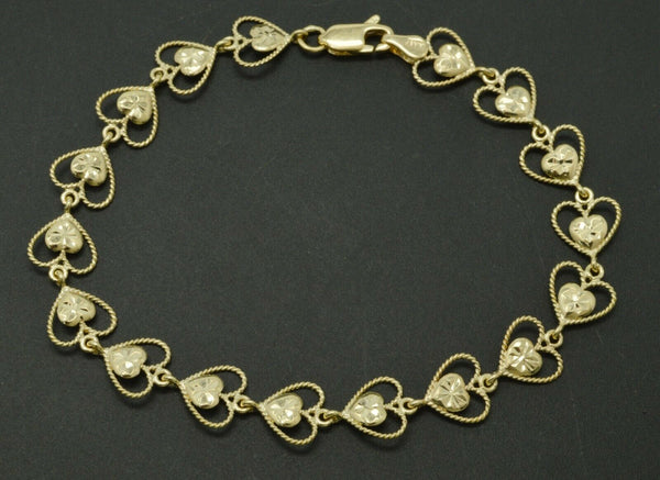 Real 10k Yellow Gold Filigree Diamond Cut Heart love Bracelet 7.8mm 71/2''