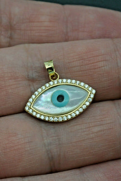 14k Solid Gold Evil Eye Luck Mother-Of-Pearl Charm Pendant +18 Chain