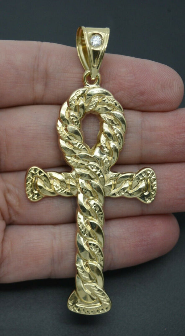 Real 10K Yellow Gold Huge Ankh Cross Jesus Miami Cuban Pendant Charm