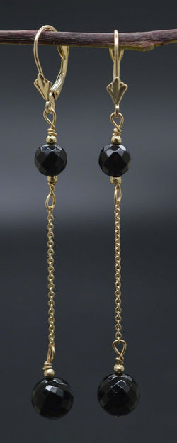 New 14K Solid Gold Faceted Onyx Black Dangle Earrings