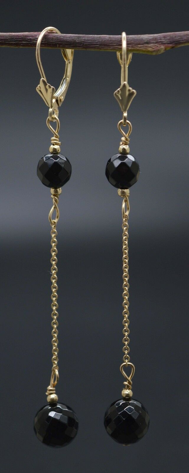 New 14K Solid Gold Faceted Onyx Black Dangle Earrings