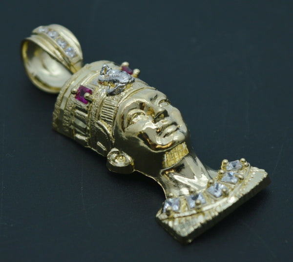 Real 10k Yellow Gold Egyptian King Head Diamond Cut Pendant 3D