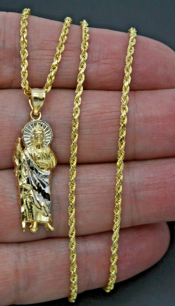 Real Solid 10K Yellow Gold Saint Lazarus Diamond Cut Pendant + Chain