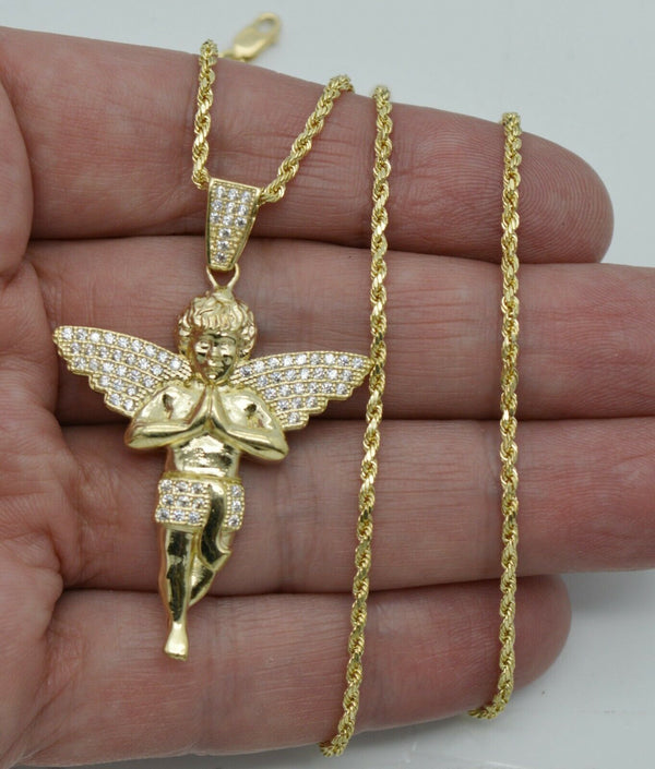 Real 10K Yellow Solid Gold CZ Praying Angel Charm Pendant+Chain 16"-24"