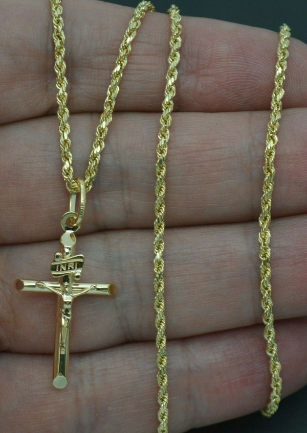 Real 10k Yellow Gold Jesus Crucifix Cross Pendant + Chain