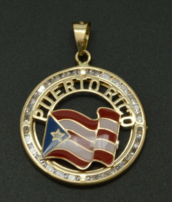 14k Solid Gold Puerto Rico enamel finish cz Charm Pendant +18 Chain