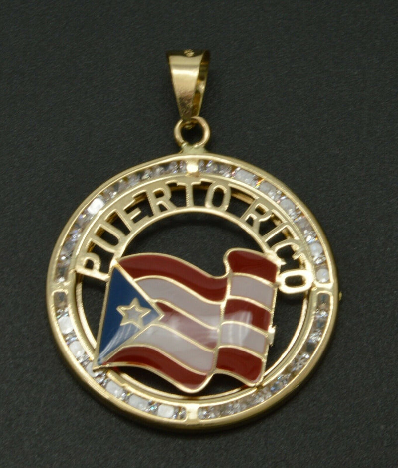 14k Solid Gold Puerto Rico enamel finish cz Charm Pendant +18 Chain