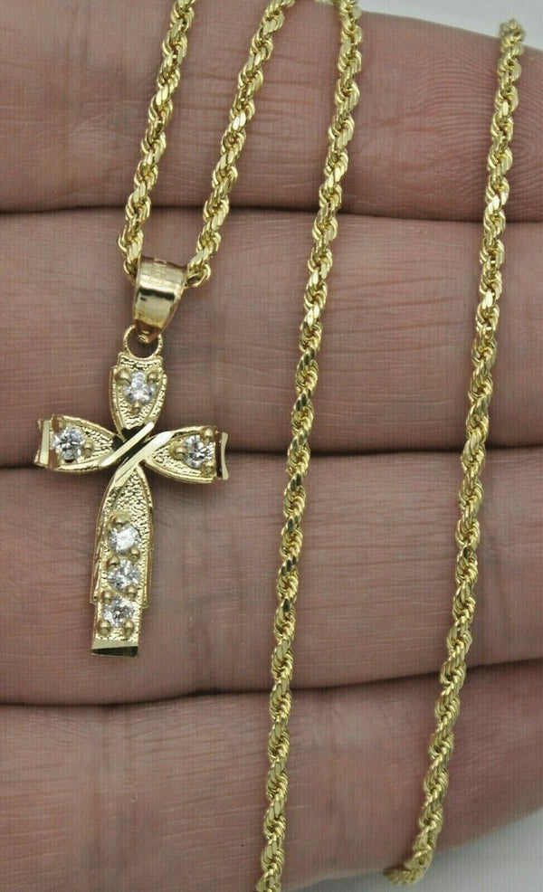 Real 10k Yellow Gold Cross Pendant + Rope Chain 16''-24''