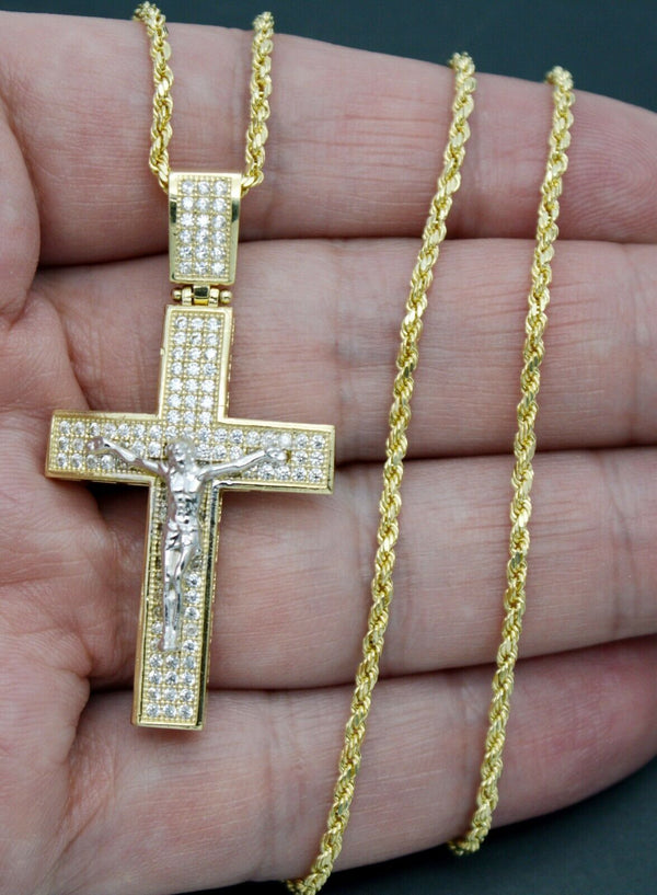 Real 10k Yellow Gold CZ Jesus Christ Crucifix Cross Pendant 1.90" + Chain 16''-24''