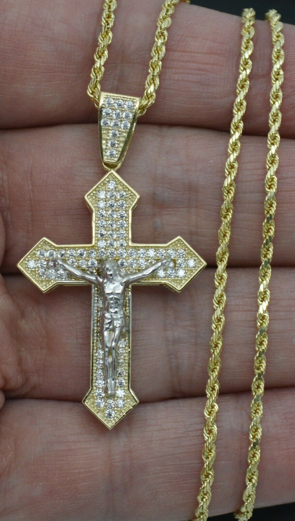 Real 10k Yellow Gold CZ Jesus Christ Crucifix Cross Pendant 1.80" + Chain 16''-24''